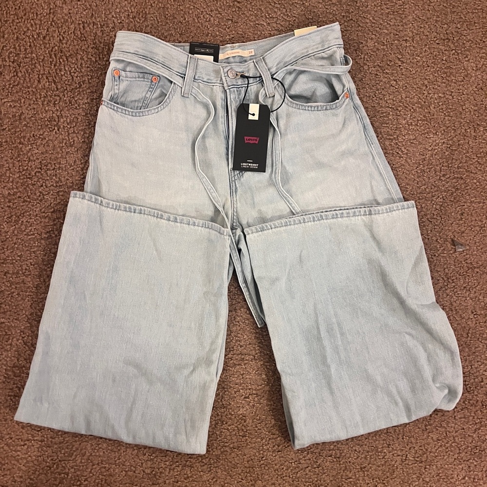 NWT Levi's XL Baggy Straight Jeans Light Wash Blue Size 27x31 Tie Waist Y2K - Picture 7 of 12